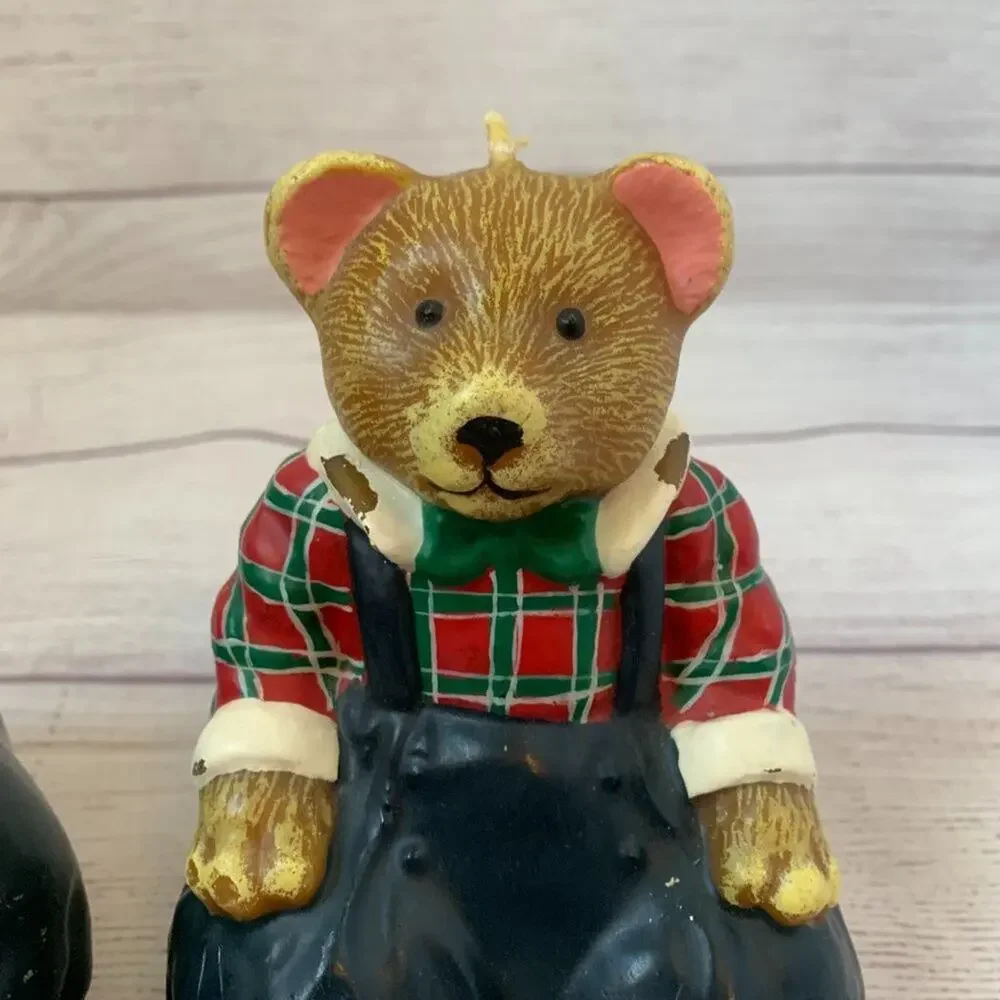 Vintage Teddy Bear Candles Set of 2 Bears with Bow Tie Plaid Shirt Overalls